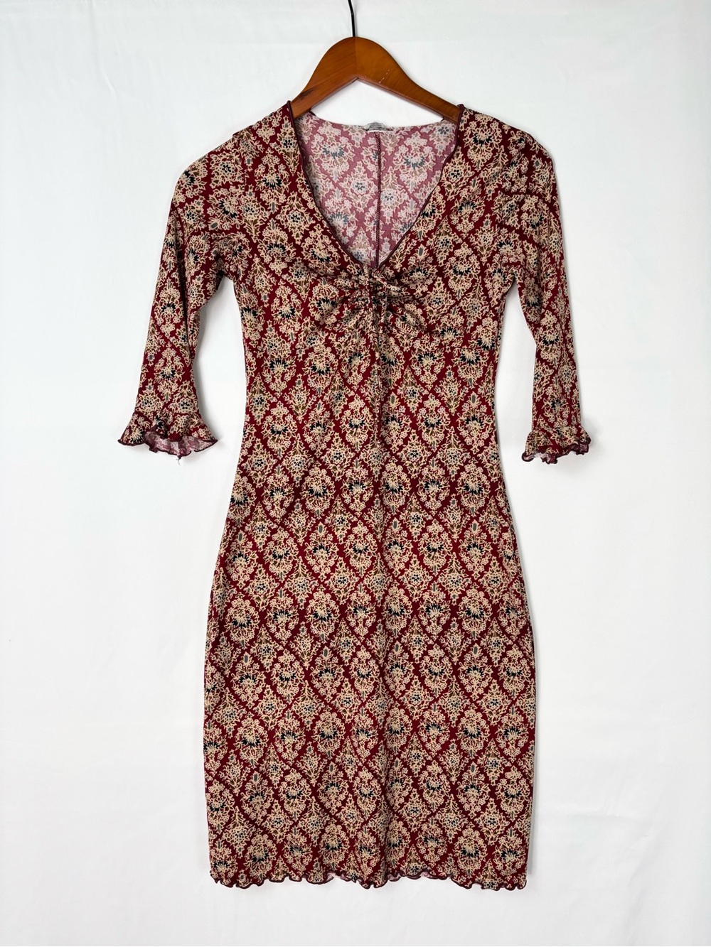 Paisley Boho Mini Dress Quarter Sleeve Red Yellow Size S Ruffle